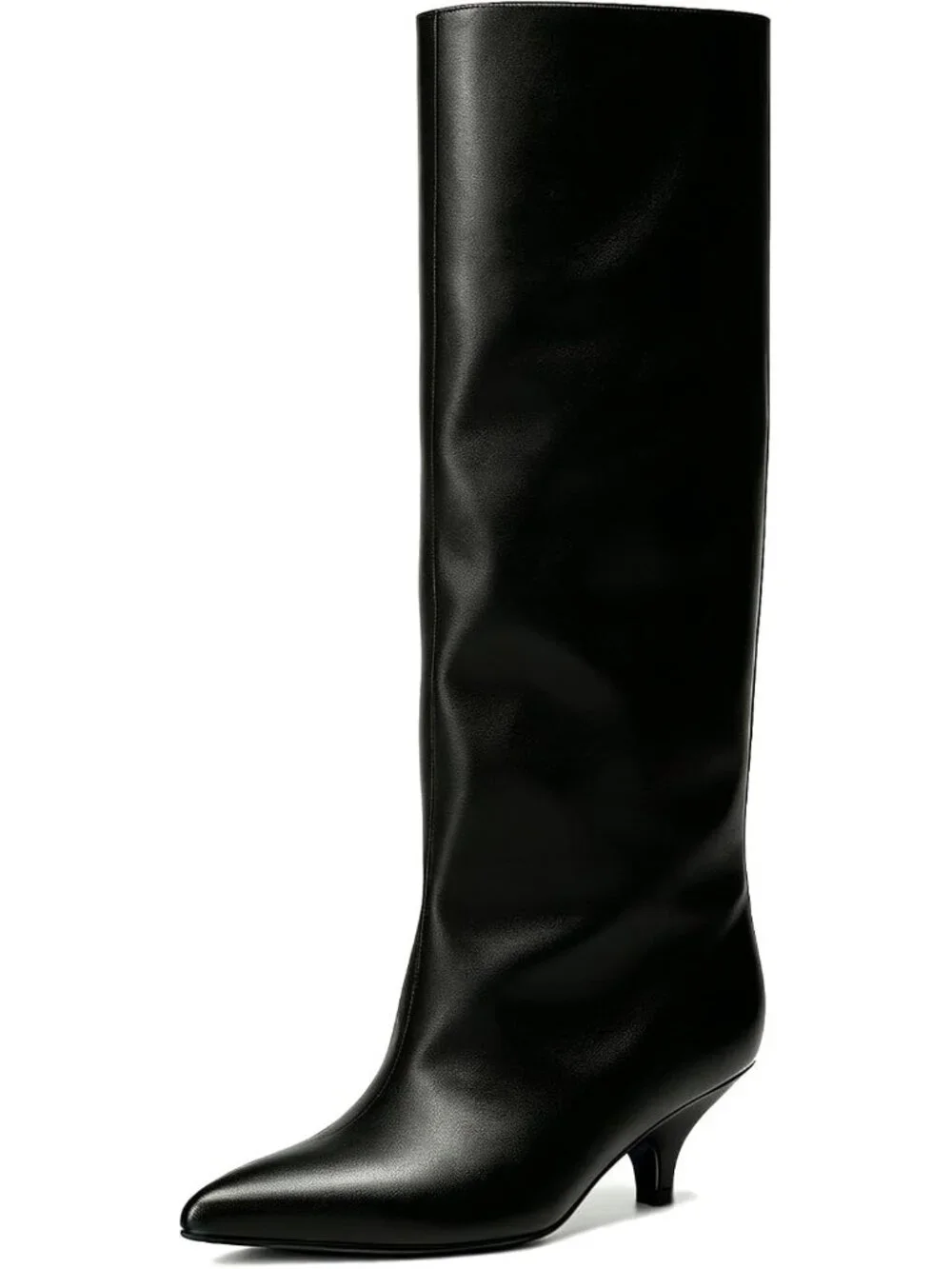 Women Black Faux Leather Pointed-Toe Folded Wide Calf Low Kitten Knee-High Boot